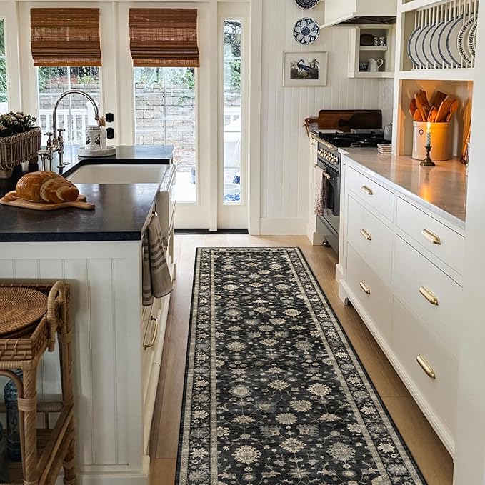 Kitchen Runner Rugs Non Skid Washable - 2.5x8ft Long Charcoal Black Boho Farmhouse Hallway Runner Rug Low Pile Vintage Moody Floral Carpet for Hallway Laundry Room Entryway Bedroom Foyer
