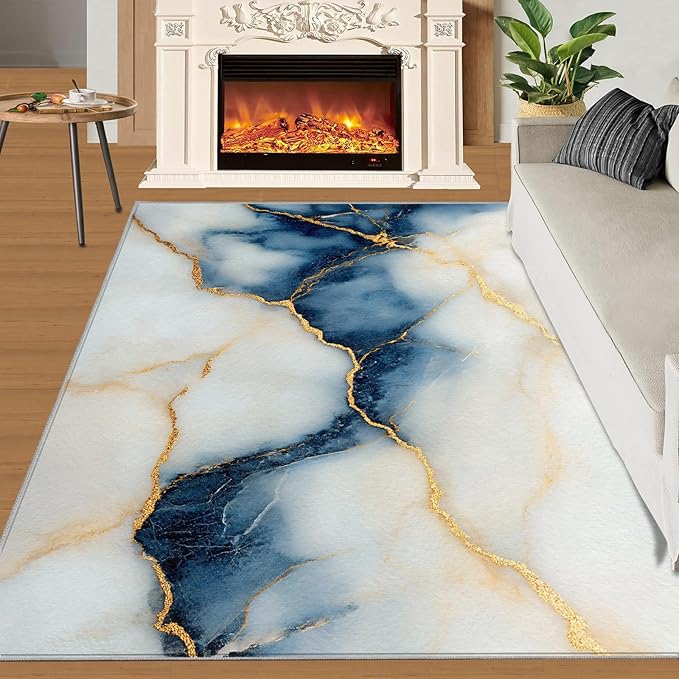 5x7 Abstract Marble Rugs for Bedroom - Blue-White-Marble Print Rug, Luxury Stone Pattern Rug Non Slip Soft Rugs for Living Room Hardwood Floors Teen Room