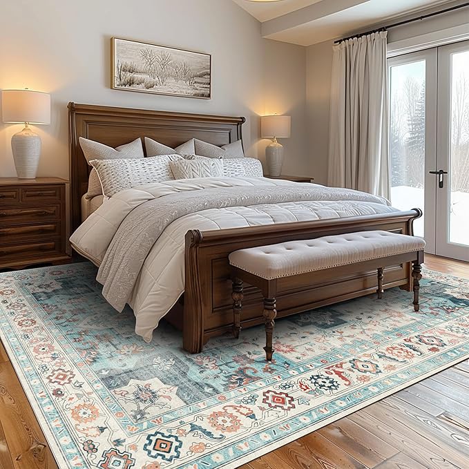 GENIMO 9x12 Area Rugs for Living Room, Machine Washable Non Slip Vintage Rugs, Low Pile Lightweight Chenille Print Rug for Bedroom, Dining Room, Home Office, Turquoise