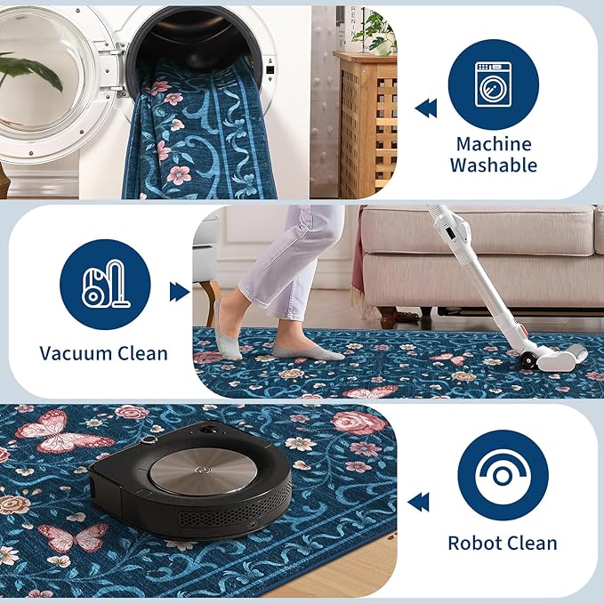 GarveeHome 2x3 Floral Area Rug Non Slip Entryway Mat Low Pile Stain Resistant Butterfly Kitchen Rugs Soft Small Throw Carpet for Dining Room Bedroom Washable Bow Rugs for Living Room Bathroom, 2x3