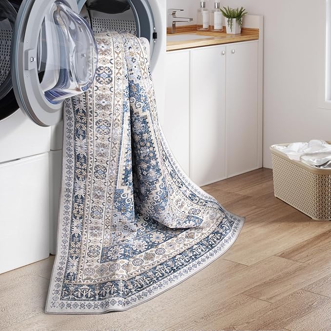 zesthome 8ft Round Rugs for Living Room, Non-Slip Washable Round Area Rugs, Ultra-Thin Large Circle Rugs, Soft Low Pile Rug for Bedroom, Kitchen - Vintage Stain Resistant Round Rug (Blue/Beige,8'x8')