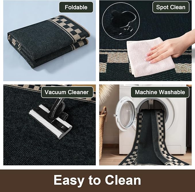 OJIA Easy Jute Kitchen Rug, 2x3 Black Indoor Door Mat Checkered Washable Area Rug Non-Slip Farmhouse Modern Outdoor Doormat Front Door Mat Indoor Entrance Throw Rugs for Entryway Doorway Bathroom