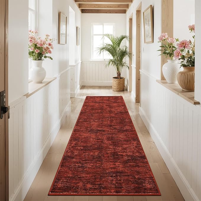 RUGSREAL Modern Runner Rug 2.5x8 Stain Resistant Washable Kitchen Runner Carpet with Rubber Backing Low Pile Contemporary Solid Color Entryway Mat Ultra Soft Rug for Living Room Bedroom, Red