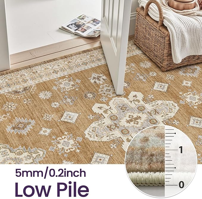 DEXI 5x8 Area Rug for Living Room, Washable Vintage Farmhouse Thin Rug Indoor Floor, Non Slip Stain Resistant Low Pile Carpet for Dining Room Bedroom Office, Light Brown