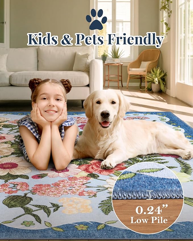 Floral Washable 5x7 Area Rugs - Living Room Rug Non Slip Low Pile Stain Resistant Carpets Indoor Vintage Flower Print Rug for Bedroom Dining Room Kitchen Home Office, Blue
