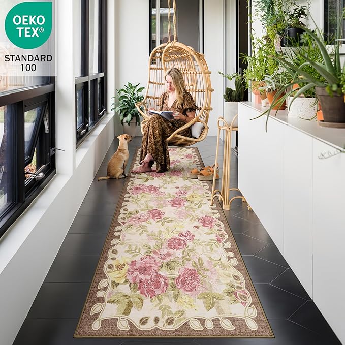 2x6 Machine Washable Runner Rug, Kitchen Hallway Area Rug Pink Vintage Boho Floral Ultra Non-Slip Low Pile Soft Faux Wool Carpet, Kids and Pets Friendly for Bedroom Entryway Nursery Home Decor Rug