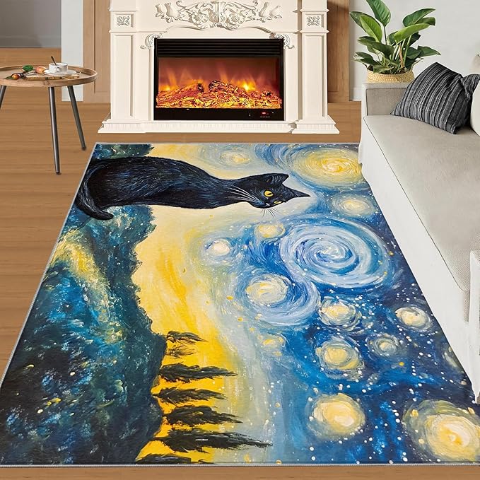 Black Cat Rugs for Bedroom - 6x9 Area Rug - Starry Sky Countryside Rugs for Living Room, Vintage Oil Painting Art Rug, Washable Home Decor Carpet