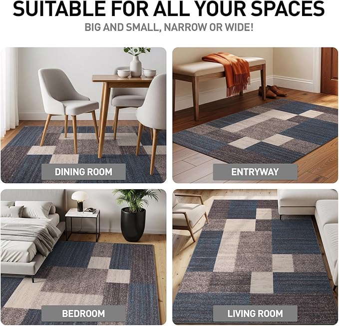 Rugshop Contemporary Blue Geometric Boxes Non-Slip Area Rug Non-Shedding for Living Room, Dining Room and Office, 20" x 30"