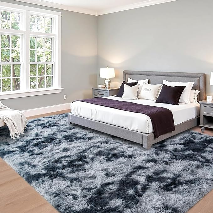 Beglad Fluffy Large Area Rugs 6x9 Feet, Modern Minimalist Style Shag Fuzzy Rugs, Non-Slip Indoor Carpet Soft Rugs for Kids Room, Bedroom & Living Room, Tie-Dyed Dark Blue