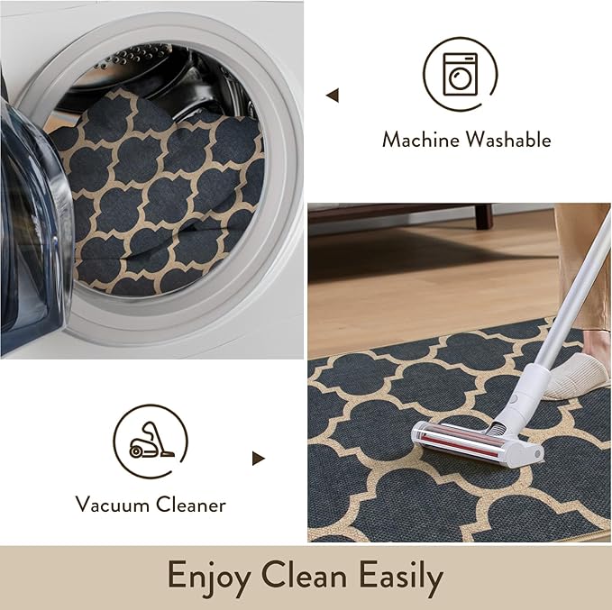 Lahome Moroccan Easy Jute Runner Rug, Blue Washable Runner Rugs for Outdoor Porch Hallway, Geometric Trellis Woven Long Carpet for Doorway, Thin Non Slip Outdoor Decor, 2'6'' x 8'