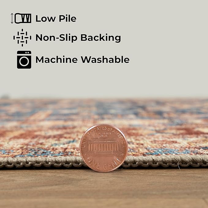 GLN Rugs Traditional Collection - Machine Washable Area Rug, Traditional Washable, Non Slip, Low Pile Chenille Rug, Living Room, Bedroom, Kitchen Rug (2'6" x 10' Terra/Slate Blue)