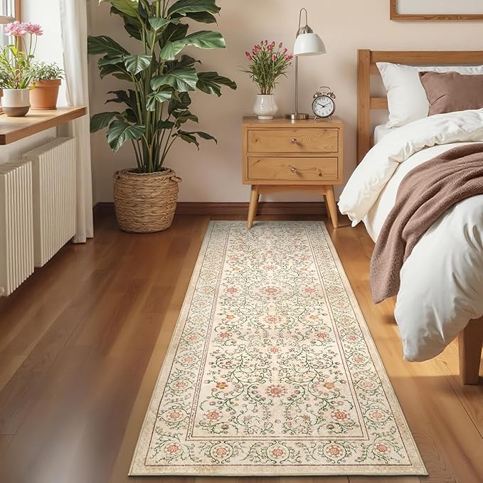 GarveeHome Boho 2x6 Runner Rug for Hallways Non Slip, Vintage Botanical Kitchen Rugs Washable Area Rug for Entryway Stain Resistant, Low Pile Soft Runner Camel Carpet for Bedroom Floor Laundry Room