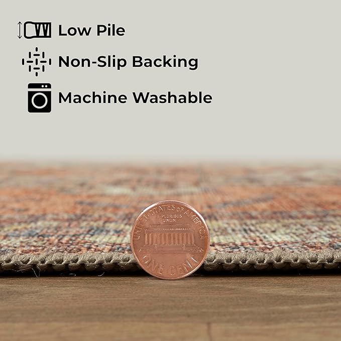 GLN Rugs Traditional Collection - Machine Washable Area Rug, Traditional Washable, Non Slip, Low Pile Chenille Rug, Living Room, Bedroom, Kitchen Rug (3' x 5' Terra/Multicolor)