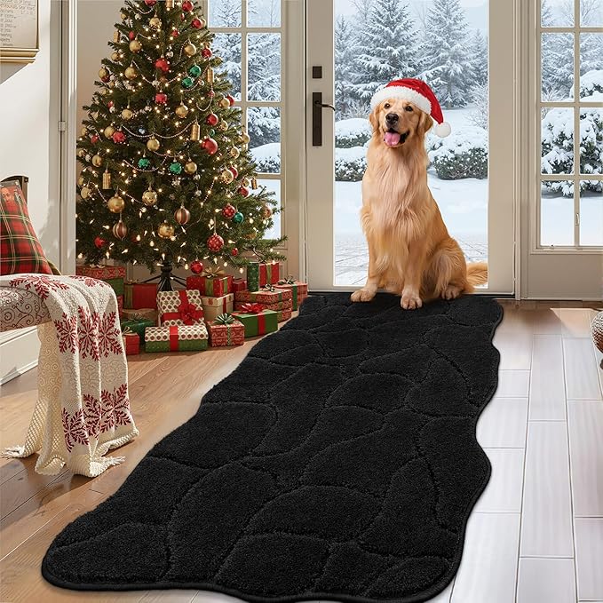 Large Dog Door Mat for Muddy Paws, 24x59 Absorbent Dirt Trapper Long Door Mat, Non-Slip Washable Mud Mat for Dogs, Polyester Microfiber Soft Pet Rug Mat for Entryway, Mud Dog Paws, Patio (Black)