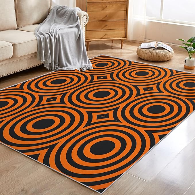 5x6 Geometric Circle Rugs for Bedroom Decor, Washable Retro 60s 70s Geometry Pattern Area Rug, Living Room Home Decoration, Non Slip Soft Thin, Black Orange Decor Carpet PF-P 49