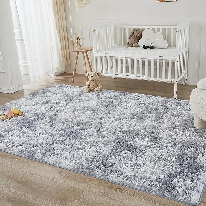 Andency Soft Area Rugs for Living Room Bedroom, 3x5 Non-Slip Fluffy Shag Carpet, Indoor Floor Fuzzy Shaggy Living Room Plush Rug for Kids Dorm Nursery Home Decor Aesthetic, Tie-Dyed Light Grey