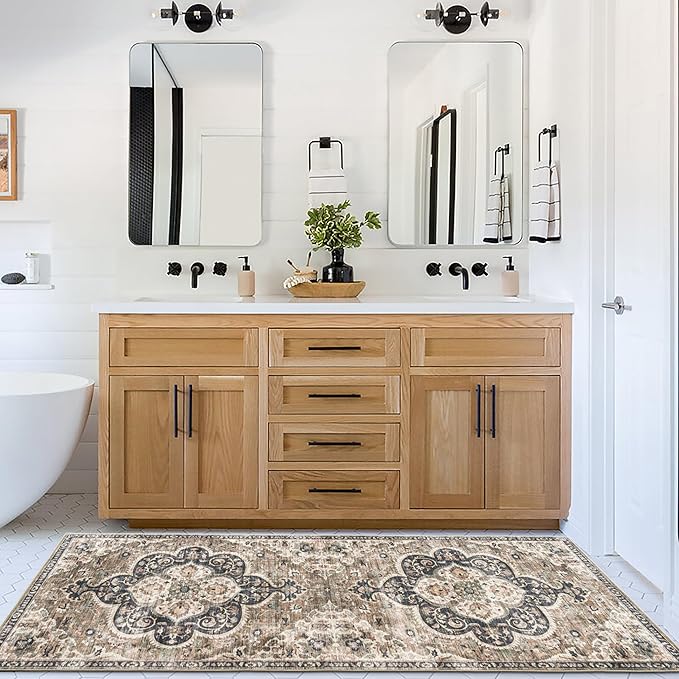 ReaLife Rugs Machine Washable Area Rug Runner - Living Room Bedroom Bathroom Kitchen Entryway Office - Padded Low Pile Stain Resistant Premium - Boho Farmhouse Vintage - Joy - Brown Beige 2'6" x 8'