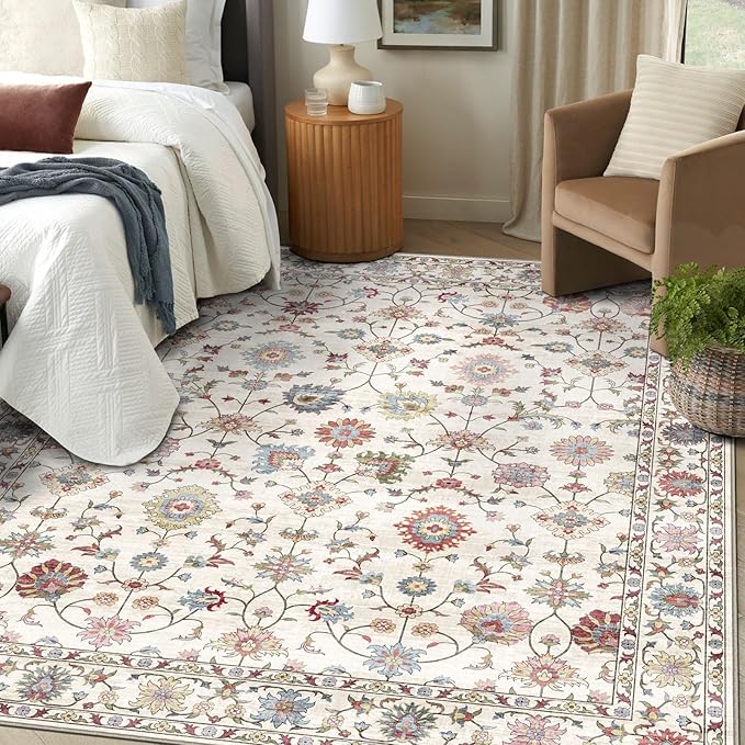 Washable Area Rug 5x7 - Boho Living Room Rug Soft Farmhouse Bedroom Rug Ultra-Thin Cream Colorful Vintage Traditional Floral Dining Room Rugs for Under Table Indoor Carpet for Living Room