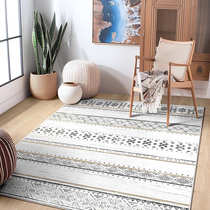 BESTSWEETIE 4x6 Area Rugs for Living Room Washable Moroccan Farmhouse Neutral Geometric Low Pile Non-Slip Soft Print Pattern Rug for Bedroom Kitchen Dining Room Entryway Black/Brown