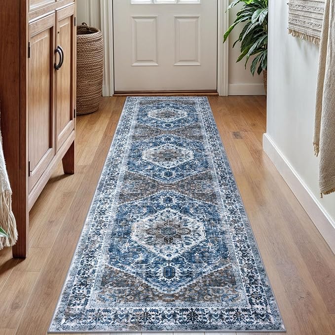 KOZYFLY Runners for Hallways 2x7 Ft Washable Kitchen Runner Rug Boho Runner Rug for Entryway Indoor Blue Printed Oriental Faux Wool Floor Carpet Runner for Bedroom Kitchen Hall