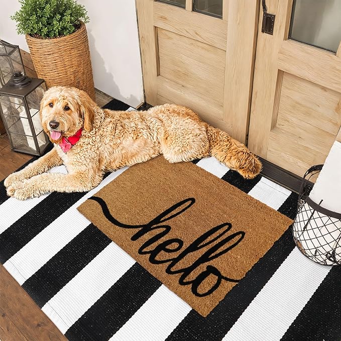 Striped Outdoor Rug 3'x5', Cotton Hand Woven Front Door Mat,Washable Reversible Outside Porch Rug, Foldable Layered Doormat for Entryway/Home Entrance/Farmhouse(Black and White)