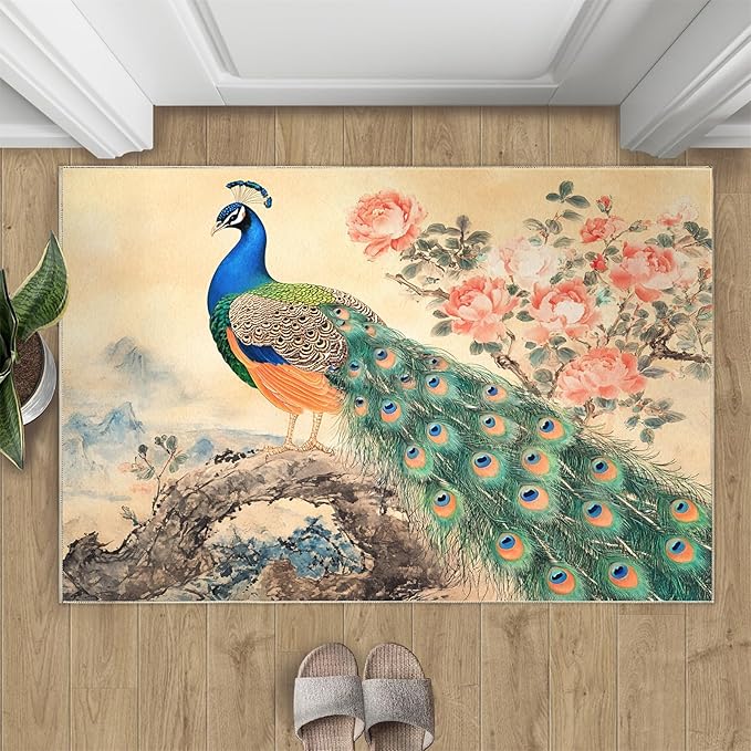 Peacock Peony Flower Area Rug 2x3-2x3 Rug, Classic Peacock Peony Rugs for Living Room, Oriental Carpet, Floral Animal Washable Area Rugs for Bedroom, Aesthetics Carpet - Peafowl Home Decor & Gifts