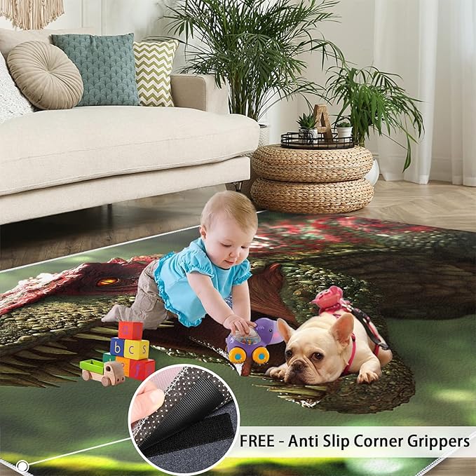 Dinosaurs Rugs for Bedroom - 4x6 Area Rug - 3D Dinosaurs Rugs for Living Room, Forest Animals Rug, Non-Slip Washable Home Decor Carpet