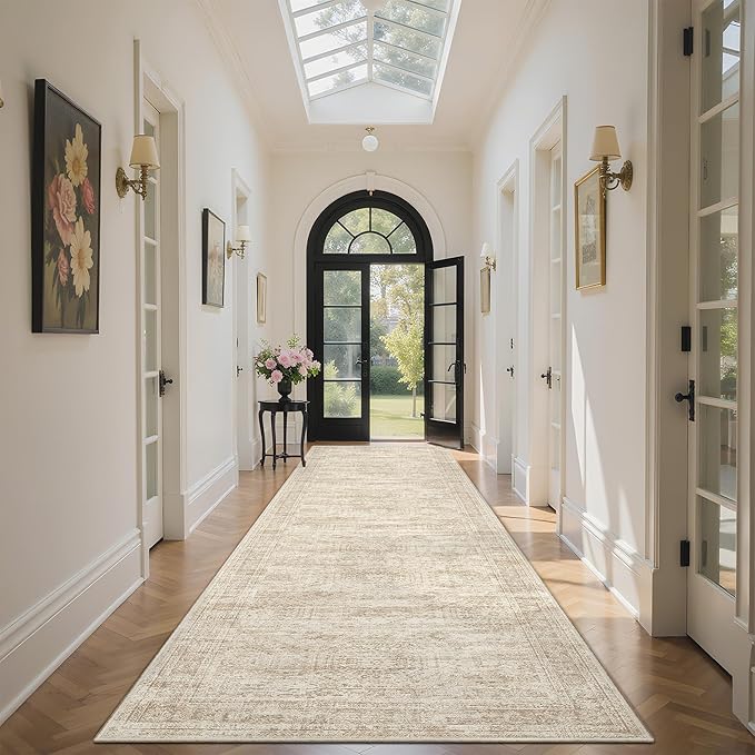 Runner Rug 2'6" x 10' Washable Non-Slip Runner Rugs for Kitchen Bathroom Laundry Room Vintage Ultra Thin Runners for Hallway Entryway Beige