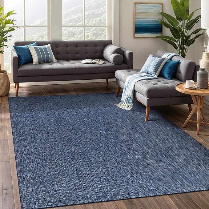 Beverly Rug Indoor Outdoor Rug 6x9, Washable Outside Carpet for Patio, Deck, Porch, Solid Modern Area Rug, Water Resistant, Azure Blue