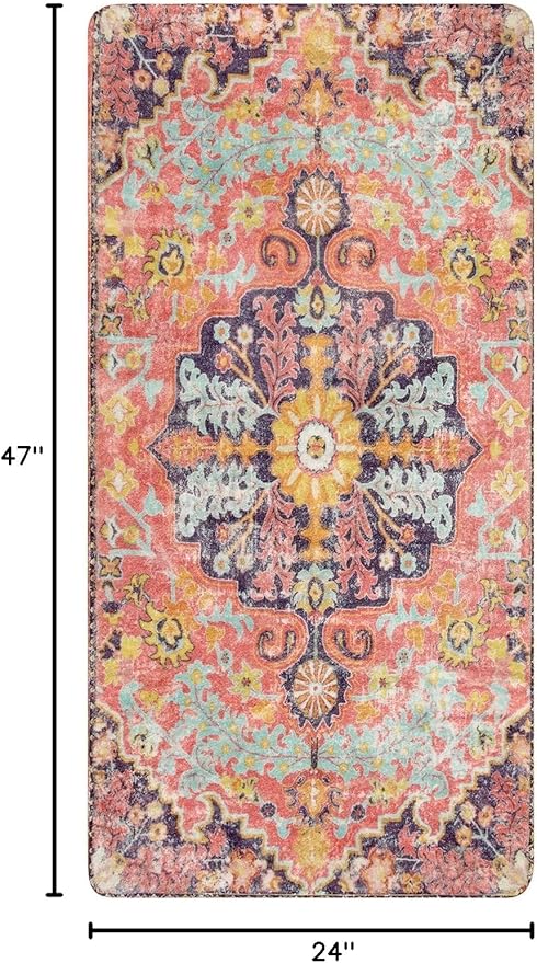 Lahome Bohemian Floral Medallion Runner Rug - 2x4 Hot Pink Bathroom Rug Runner, Machine Washable Non-Slip Hallway Mat Indoor Laundry Accent Carpet Runners for Kitchen Living Bedroom RV, Fuchsia/Multi