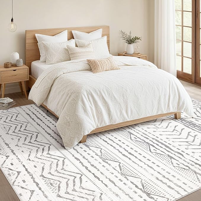 Nakagishi Area Rugs 9x12 Living Room: Washable Boho Large Neutral Modern Soft Farmhouse Rug Stain Resistant Indoor Non-Slip Accent Carpet for Bedroom Nursery Kids Playroom Office Dining Room- Gray
