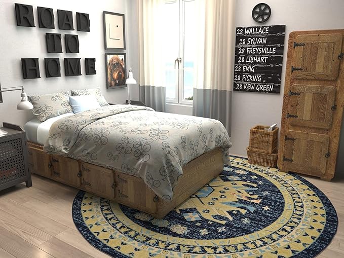 Unique Loom Taftan Collection Border Geometric Tribal Inspired Design Area Rug (8' 0 x 8' 0 Round, Navy Blue/ Gold)