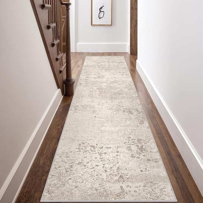Art&Tuft Non-Slip Runner Rug - 2.5x16 Runner Rug Washable Low-Pile Rugs Runners, Soft Distressed Carpet Runner for Bedroom Bathroom Kitchen Laundry Living Room, Beige
