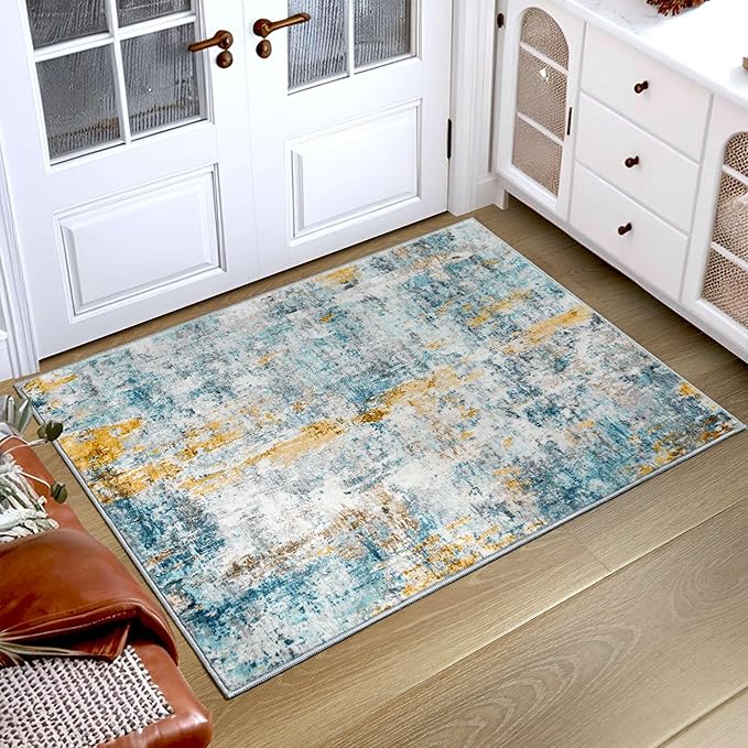 Entrance Rugs Indoor 2x3 Blue Entry Rug Washable Abstract Small Area Rug Non-Slip Low Pile Throw Rugs for Entryway, Kitchen Floor, Front Door Indoor Door Mat, Bathroom, Bedroom Bedside