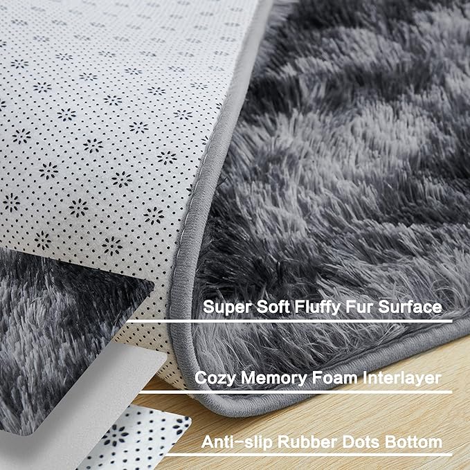 Andency Soft Area Rugs for Living Room Bedroom, 5x8 Fluffy Shaggy Bedside Rug, Non-Slip Large Shag Fuzzy Plush Carpets for Bedroom Kids Dorm Nursery Home Decor Aesthetic, Tie-Dyed Dark Grey