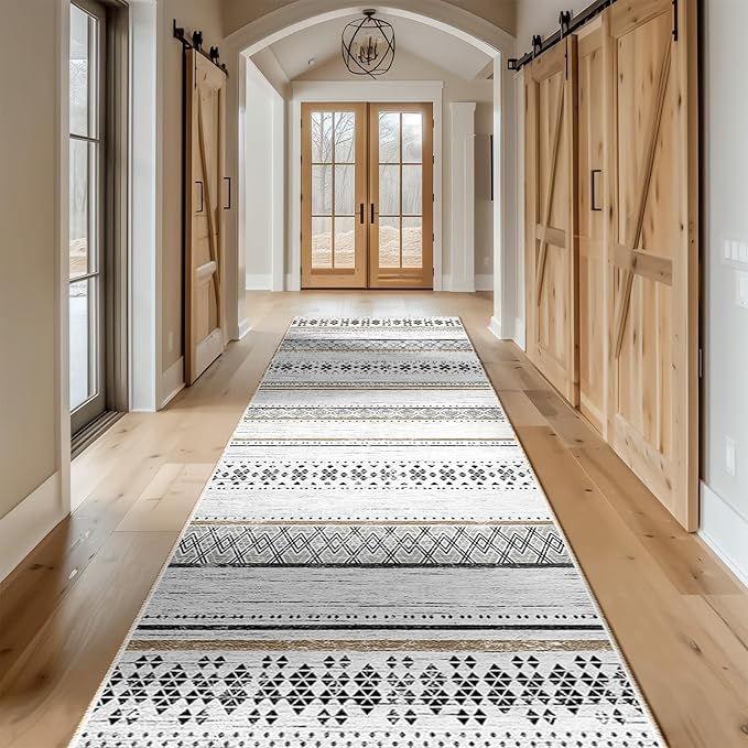 BESTSWEETIE 2x8 Area Rugs for Living Room Washable Moroccan Farmhouse Neutral Geometric Low Pile Non-Slip Soft Print Pattern Rug for Bedroom Kitchen Dining Room Entryway Black/Brown