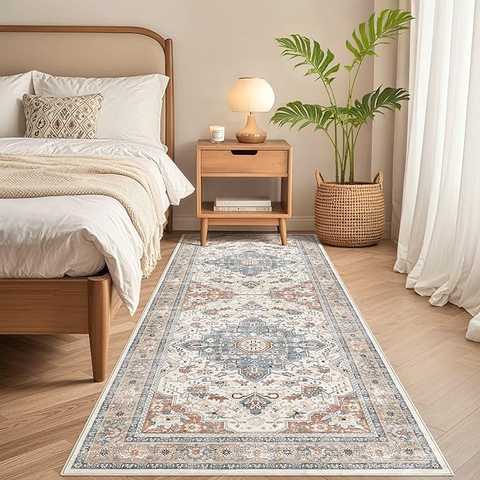 Runner Rug Kitchen Washable Rugs: 2x6 Non-Slip Boho Vintage Distressed Stain Resistant Indoor Neutral Farmhouse Throw Carpet for Hallway Bathroom Laundry Room Entryway Bedroom- Beige Blue
