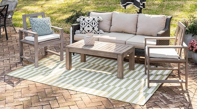 Unique Loom Outdoor Striped Collection Area Rug - Striped (9' x 12' Rectangle, Green/Ivory)