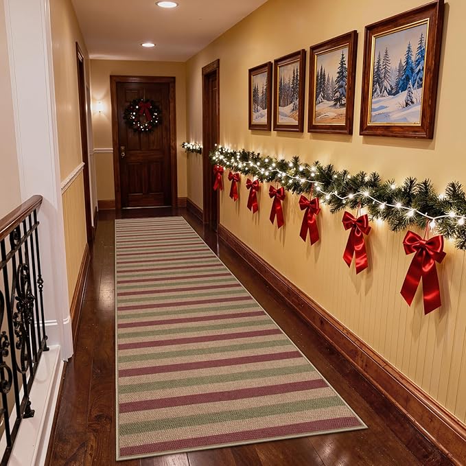 Lahome Christmas Runner Rug, 2x8 Christmas Porch Kitchen Decor for Entryway Front Door, Striped Plaid Decor Non Slip Non Shedding Xmas Decoration for Front Porch Hallway