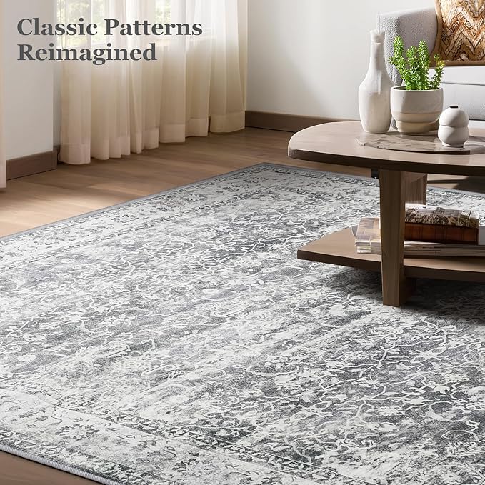 Grey Neutral Area Rug 6x9, Vintage Gray Rugs for Living Room Bedroom, Washable Non Slip Low Pile Thin Carpet Rug for Dining Room Guest Room Home Office