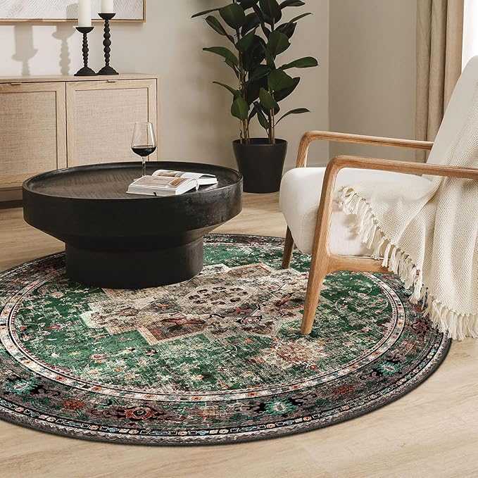 Round Rug 5ft for Bedroom, Green Washable Circle Rug Non-Slip Boho Area Rug 5' Round Carpet for Dining Room Kitchen Dorm Bathroom Low Pile Soft