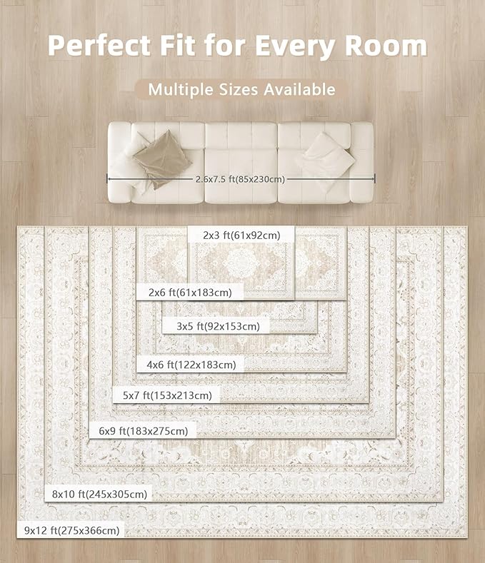 Vintage Living Room Area Rug - 6x9 Large Machine Washable Boho Moroccan Rug Distressed Farmhouse Rugs for Bedroom - Soft Non-Slip Indoor Carpet for Dining Room Office Nursery(Boho Beige, 6'x9')