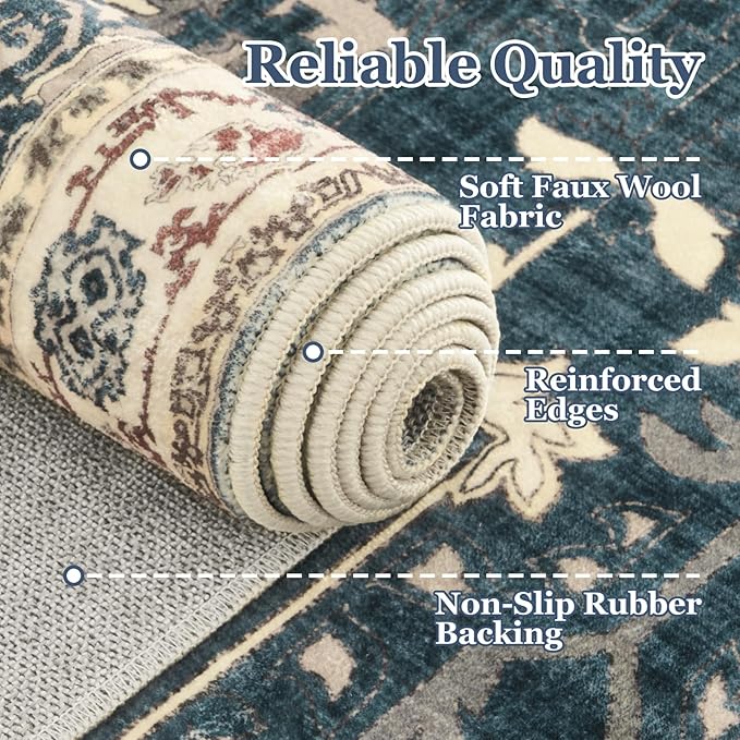 Vintage Distressed 2x3 Kitchen Rugs Washable Non Slip, Medallion Door Mat Indoor Entrance Entryway, Small Low Pile Rugs for Bedroom/Bathroom Vanity/Laundry Room, Deep Blue/Multi