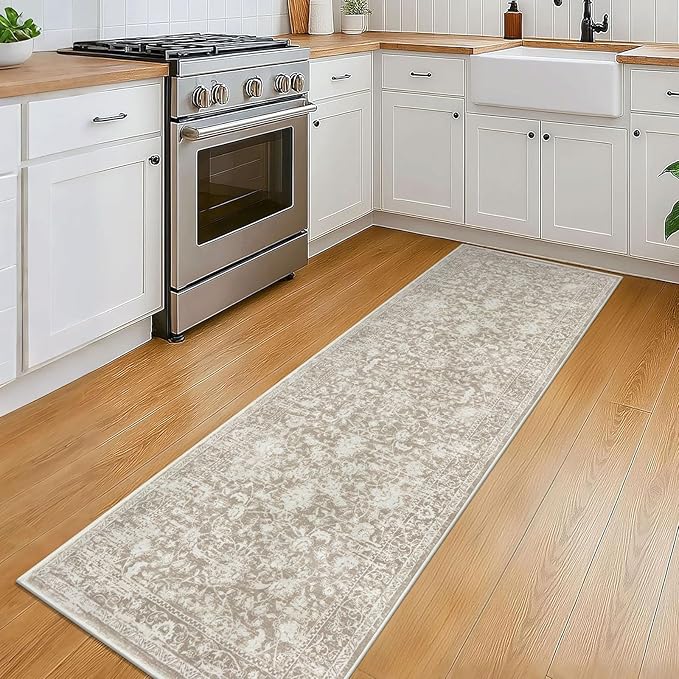 KILOCOCO Hallway Runner 2x6 Kitchen Runner Rug Printed Vintage Floral Washable Non-Slip Runners for Hallways Laundry Room Rugs Distressed Boho Rugs Runners for Bedroom, Beige