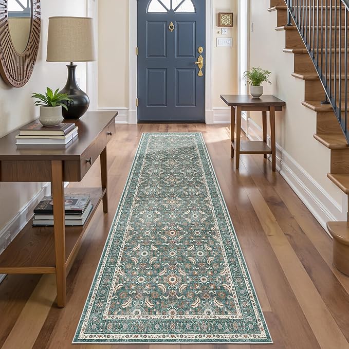 WITSHOCK Washable 3x10 Long Runners Rugs for Hallways,Vintage Neutral Hallway Rugs for Entryway Kitchen Bedroom,Vintage Farmhouse Home Decor(Teal Blue,3x10)