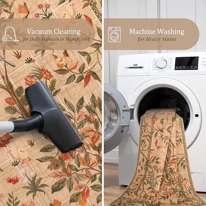 Morebes Boho Floral Runner Rug Non Slip, Washable Flower Long Bathroom Rugs Runner 2x6, Soft Botanical Flower Birds Indoor Throw Carpet for Entryway Hallway Bedroom Laundry Room, Brown