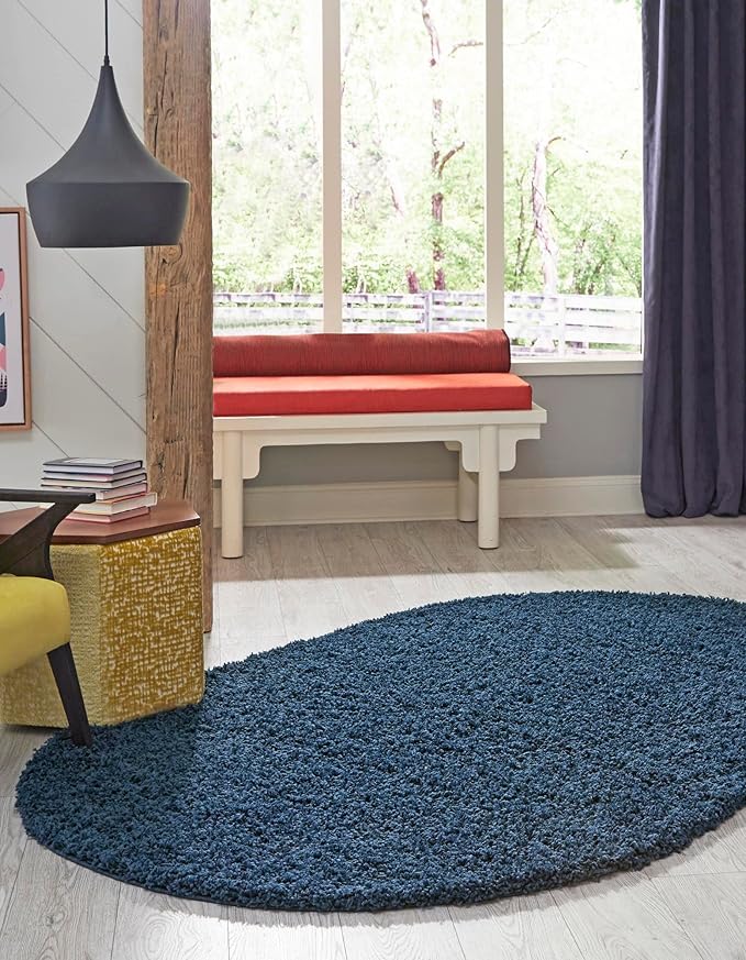 Unique Loom Solid Shag Collection Area Rug (8' x 10' Oval, Sapphire Blue/ Navy Blue)