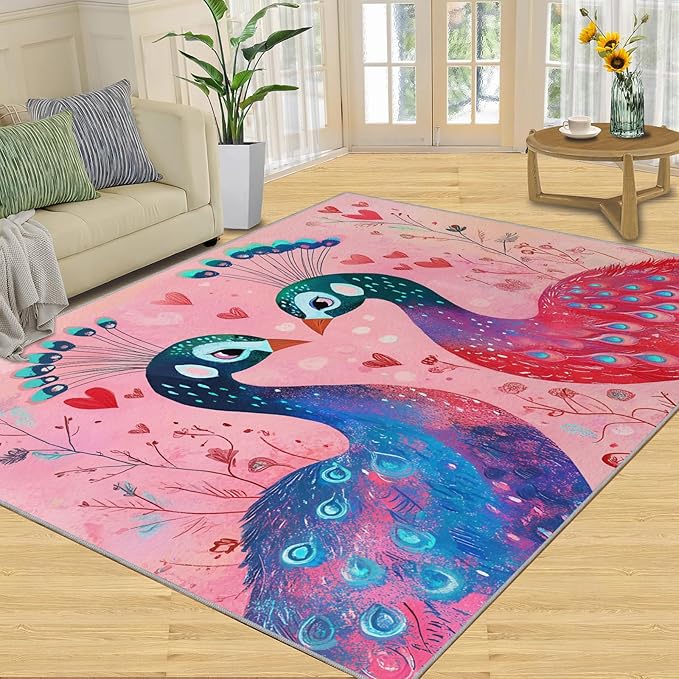 Cartoon Peacock Rug Large - 5x6 Rug, Colorful Peacock Washable Rugs for Living Room, Floral Botanical Carpet, Boho Non-Slip Area Rugs for Bedroom, Peafowl Carpet - Peafowl Home Decor & Gifts