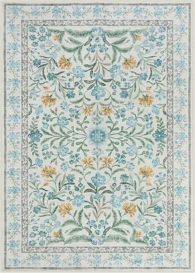 Lahome Blue 5x7 Area Rugs for Living Room, Boho Floral Washable Girls Bedroom Rug, Soft Retro Non-Slip Kids Nursery Carpet for Playroom Apartment Decor