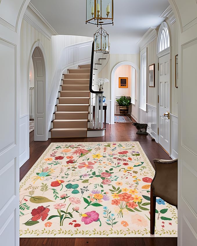 Area Rug 9x12, Washable Large Rugs for Living Room, Non Slip 0.27" Low Pile Vintage Floral Large Carpet for Bedroom, Dining Room, Kids Playroom (Beige)